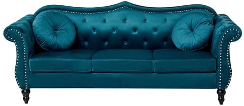 Beliani Sofa 3-Sitzer Blaugrün Samtstoff Klassisch Samt Gepolstert Gesteppt | Stoff, Blau, Für 3 Personen, Abgerundet, Schaumstoff-Füllung, Wellenfederung, Sitzhöhe 46 cm, 204 x 78 x 86 cm