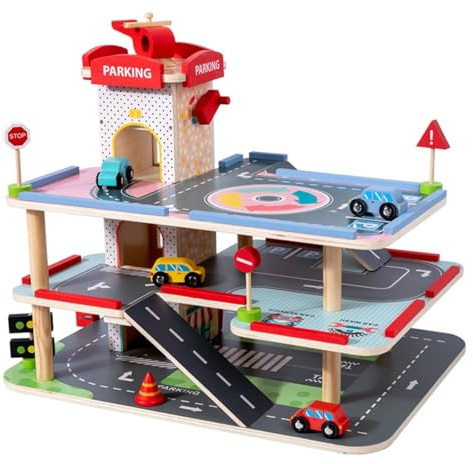 predolo Parking Jouet en Bois avec Ascenseur, Garage en Bois à 3 Niveaux, Parking Jouet Interactif, Multiples Accessoires Inclus, pour Enfants dès 3 Ans, M-Parking Centre