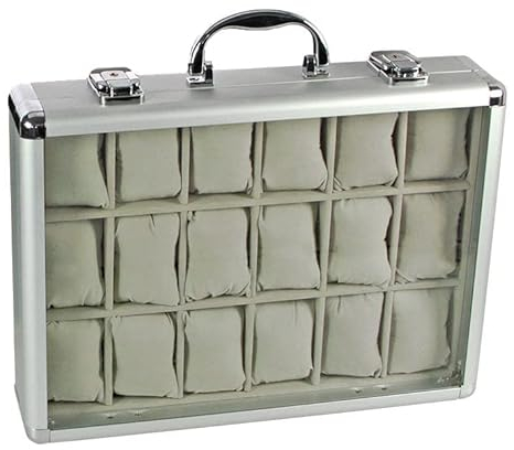 SAFE 266-2 ALU Uhrenaufbewahrungsbox Herren mit 18 Uhren-Schmuckhalter in grauem Samt - abschließbare Uhren Box mit Glasdeckel und abnehmbaren Uhrenkissen