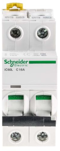 Schneider Electric a9 °F94216 ic60l Circuit Breaker, Acti9, Curvature C, 2P, 85 mm Height x 36 mm width x 78.5 mm depth, 16 A Current, 50/60 Hz, White