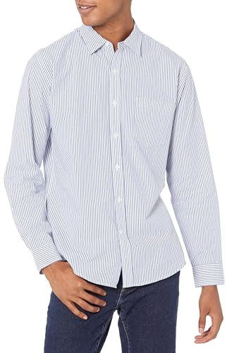 Amazon Essentials Men's Regular-Fit Long-Sleeve Casual Poplin Shirt, Blue White Vertical Stripes, XS