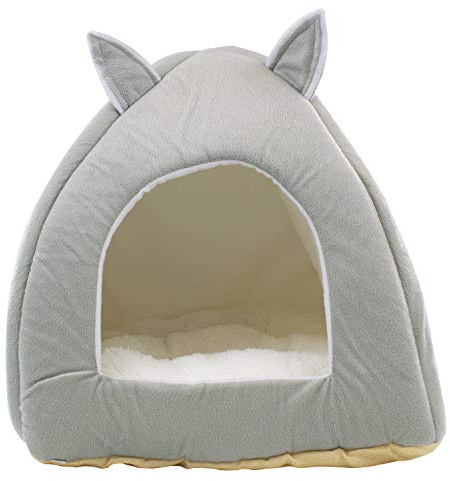 DIGIFLEX Grey Teddy Bear Style Pet Bed – Fleece Soft Self Warming Washable Cat Bed - Ideal for Cats and Kittens – Soft & Comfortable Cat Bed Hut - 36 x 36 x 40cm