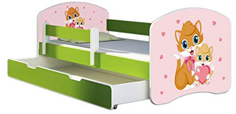 ACMA Kinderbett Jugendbett mit Einer Schublade und Matratze Grün mit Rausfallschutz Lattenrost II 140x70 160x80 180x80 (33 Miezekatzen, 180x80 + Bettkasten)