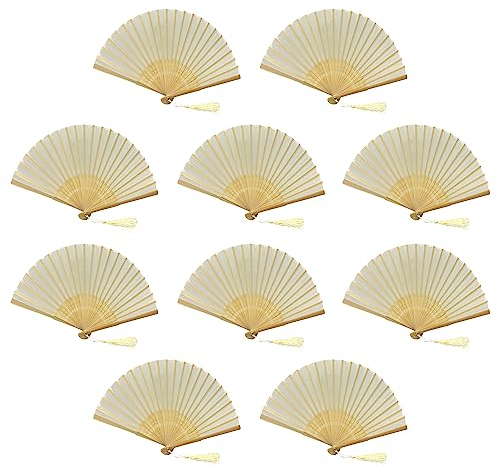 FANSOF.FANS Pack of 10 Fabric Handheld Fan with a Tassel Grade A Bamboo Ribs Party wedding Favour (Ivory Beige)
