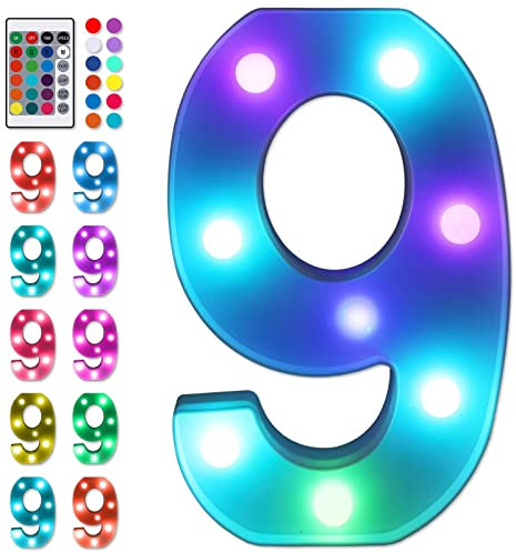 Foaky Colorful LED Number Lights with Remote, Marquee Light Up Number Sign for Night Light Wedding/Birthday Party Battery Powered Christmas Lamp Home Bar Decoration (9)