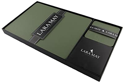 Lara May Collection Recycled Leather Placemats Set of 8 with Coaster Anti Slip Place Mats for Dining Table, Stain Heat Resistant Wipeable, Olive Green