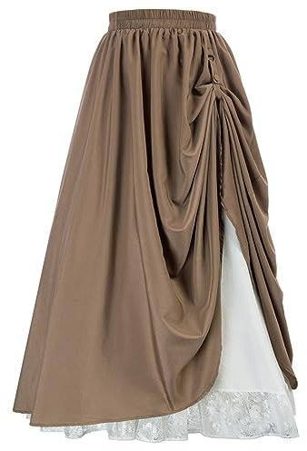 SCARLET DARKNESS Donna Gonna Medievale in Pieghe a Vita Alta con Volant Linea ad A da Cerimonia XL Marrone