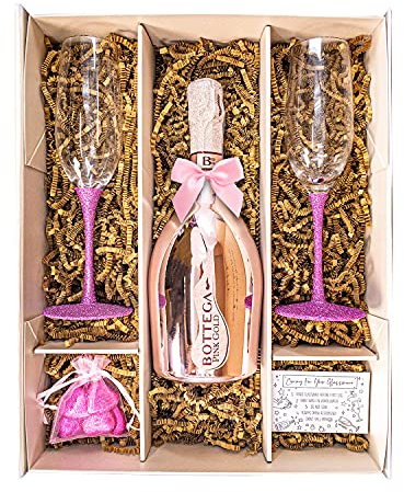 Bottega Pink Gold Rosé Prosecco DOC 75cl Sparkling Wine Gift Set with Pair of Pink Champagne Flutes, Chocolates and Gift Box - Birthday Prosecco Gifts For Her (Rosé Pink Stems)