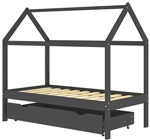 vidaXL Kids Bed Frame with Storage Drawer and Tree House Style in Dark Grey Solid Pine Wood, 80x160cm