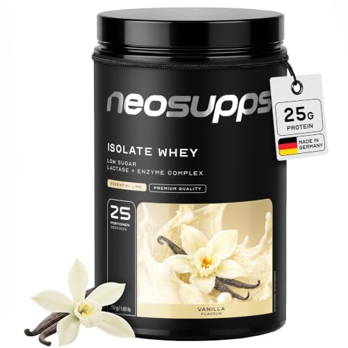 NEOSUPPS Whey Isolate Protein Pulver - Vanilla, 750g I Hochwertiger Eiweiss Shake mit Bromelain und Papain Enzymkomplex I Unter 1g Zucker & Fett I 25g Protein pro Portion