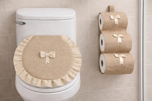 Corredocasa Copriwater Copri Tavoletta WC + Portarotoli Porta Rotolo Scorta Carta Igienica in Tessuto Misura Standard Manifattura Italiana Diversi Colori Abbinati (Beige)