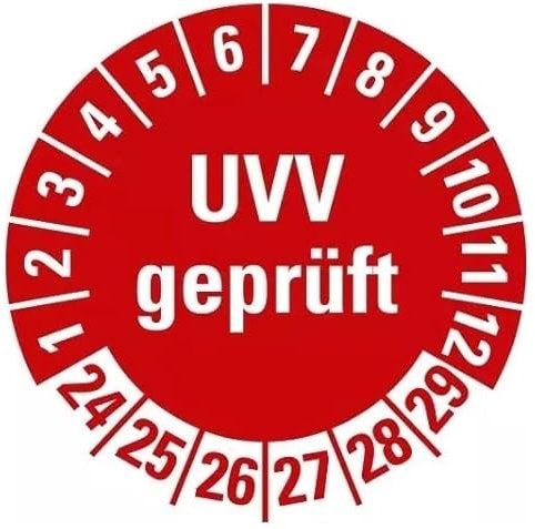 100 Stück – Mehrjahresprüfplakette „UVV geprüft | 24-29“ Etikett Folie Aufkleber, rot | Ø15-40mm Made in Germany, Größe: Ø30 mm