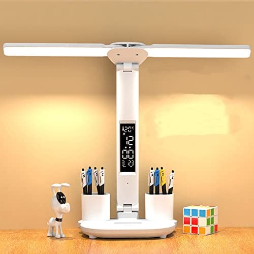 KISUFU Double Head LED Desk Lamp with Clock and Temperature Display, 3 Colour Temperatures, 3200 mAh Eye-friendly Table Lamp with Pen Holder,Type-C Connection,Touch Control, for Home Office