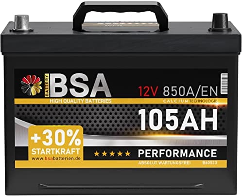 BSA ASIA Autobatterie 105Ah 12V 850A/EN ASIA Batterie Plus-Pol Links 30% mehr Startleistung ersetzt 95Ah 100Ah