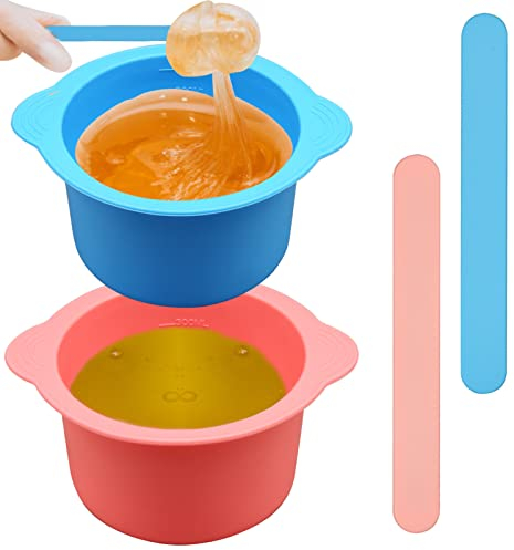 2 Chauffe-cires en Silicone, Doublure chauffante en Silicone pour Cire, réutilisation du Pot de Cire, revêtement antiadhésif avec 2 spatules à Cire pour épilation (Bleu, Rose)