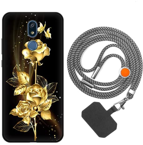 vingarshern Handyhülle Kompatibel mit LG K40 Hülle Silikon mit Aesthetic Muster,Stoßfest Schutzhülle mit Kordel,Weich Bumper Case mit Handykette/Umhängeban,Goldene Blume