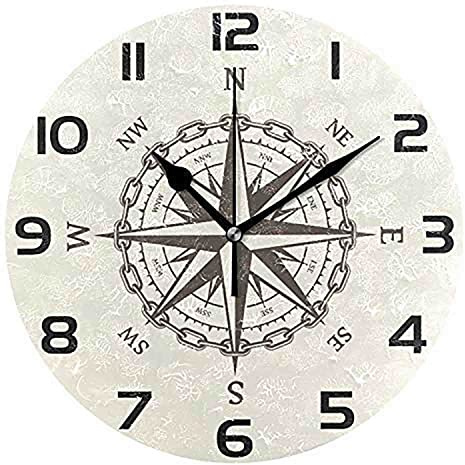 452 Ronde Horloge Boussole Nautique Rose des Vents Décoration D'Intérieur sans Tic-Tac Horloge Murale Vintage Cuisine Horloge pour Bureau École Salon