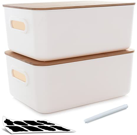 Bienvoun 13L 2 PCS Storage Box with Wood Lid Plastic Storage Containers for Organizing Stackable Storage Box with Handle, 38 x 27 x 15 cm