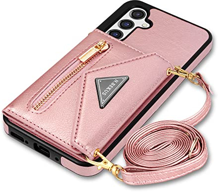 GUVAGI für Samsung Galaxy A54 5G Hülle mit Band Handykette Handyhülle,Flip 4-Karten Leder Klappbar Reißverschluss Handytasche Mädchen Case mit Abnehmbar Kette Schnur Tasche Hinten Umhängen (Rosa)