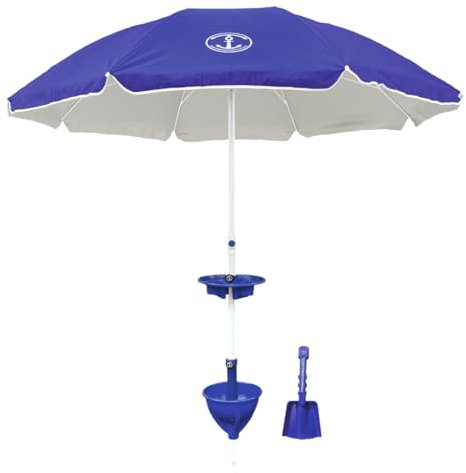 Anchor Works All-In-One Beach Umbrella System - Includes AnchorONE Sand Anchor, 7.5 foot Umbrella (50+ UPF), Carrying and Storage Bag, Shovel and Accessory Tray - 5 Great Color Options (Dark Blue)
