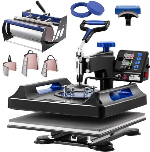 VEVOR 15x15 inch Pro Heat Press with 30oz Tumbler Attachment, 8 in 1 Combo for T-Shirts, Tumblers, Glass Cans, Mugs, Hats, Caps and Plates (Black & Blue)