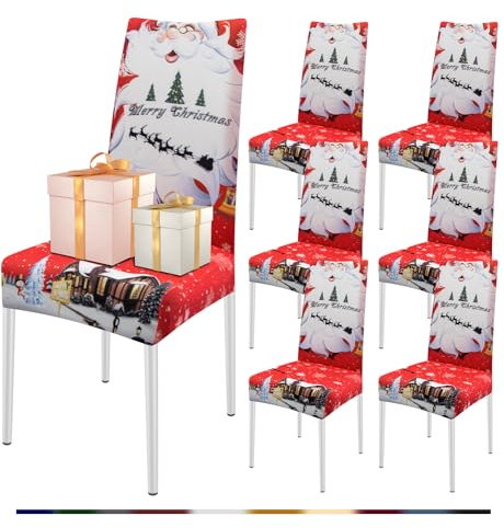 FIGOOO Stuhlhussen Weihnachten 6er Set Stretch Stuhlhussen für Esszimmerstühle Elastisch Moderne Universal Xmas Stuhlbezug für Weihnachtstag Party Festlich(Der Weihnachtsmann,6er Set)