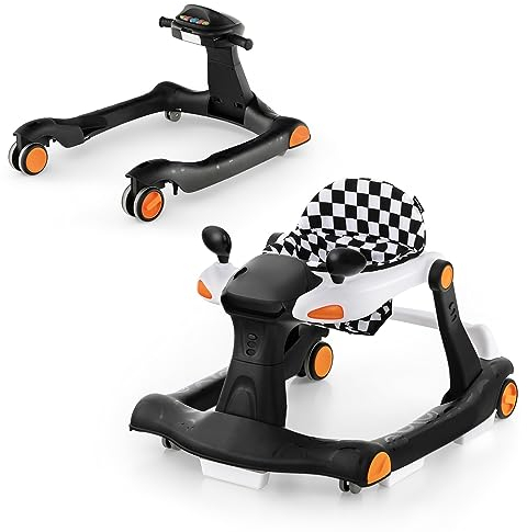 DREAMADE 2 in 1 Lauflernhilfe mit Musik & Licht, Baby Walker Höhenverstellbar & Klappbar, Gehfrei Lauflernwagen Baby ab 6 Monaten (Schwarz-Schachbrettmuster)