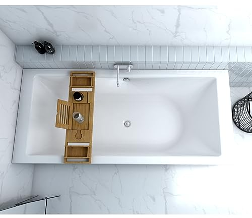 ECOLAM® große Badewanne Doppelbadewanne TAMI Rechteck Acryl weiß 200x90 cm + Bambusablage + Ablaufgarnitur Ab- und Überlauf Füße Silikon Wanne Acrylwanne Mittelablauf ideal für Zwei