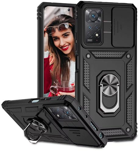 POUHYE Handyhülle für Xiaomi Redmi Note 11 Pro 4G/5G / Redmi Note 12 Pro 4G Hülle,[ Slide Camera] Militärqualität Stoßfest Outdoor Handyhülle 360°Drehbarer Metall Ring Ständer Schutzhülle Case Schwarz