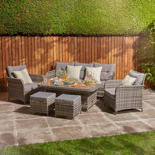 Home Treats Rattan Dining Set 7 Seater | Deluxe Garden Furniture Set | Patio Outdoor Dining Furniture Set With Rising Dining Table & Chairs Stools & Rain Cover | Grey Cushions Garden Lawn Furniture