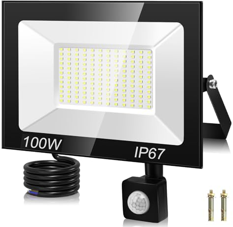 100W Projecteur Led Extérieur Detecteur de Mouvement, 10000LM 7000K Super Lumineux Spot Led Exterieur, 144 LED Blanc Froid Eclairage Exterieur Avec Detecteur IP67 Etanche pour Garage, Jardin, Patio