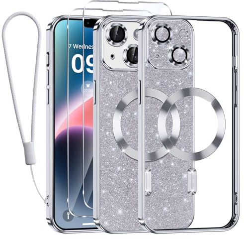 Kokio für iPhone 14 Hülle Mit Glitzer Karte,[Kompatibel mit MagSafe],Mit 2*Schutzfolie und 1*Handykette,Kamera Objektivschutz,iPhone 14 6.1 Flash Handyhülle für Frauen Mädchen,Silber