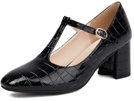 GiledGrace Women Fashion Mary Jane Shoes Two Tone Party Shoes Metallic Block Heels Ankle Strap Patchwork Work Office Pumps Black Mark Size 37