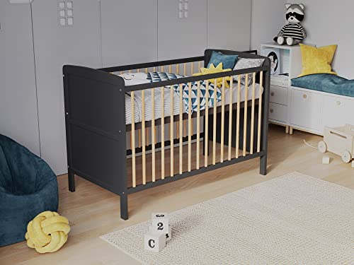 Love For Sleep Babybett,Gitterbett 120x60cm mit Aloe Vera Schaumstoffmatratze,Kinderbett Anthrazit-Kiefer,Umbaubar zum Kinderbett