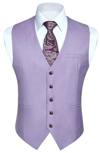 Enlision Gilet da uomo, formale, tinta unita, per matrimonio, elegante, da lavoro, da uomo, con tasche, XS-4XL, Lilla, XS