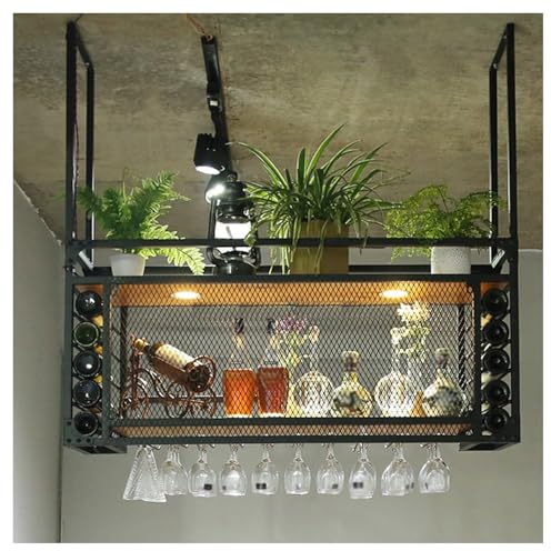 ZFUCMAYL Decken-Weinglasregal, Hängende Weingläser-Aufbewahrung, Kleiderbügel-Organizer Mit Licht, Schwarzes Metall-Deckenregal Mit Leitplanken for Heimbar Und Restaurant