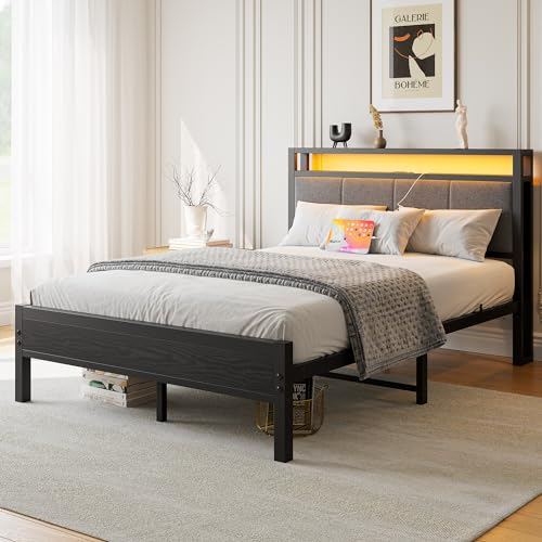 FOUBAM Bettrahmen mit Ladestation, Robustes Metallbett mit Holz Stauraum-Kopfteil aus Stoff,Gästebett Doppelbett/Einzelbett Bettrahmen Gästezimmer,Metall mit Lattenrost, 120x200 cm Schwarz
