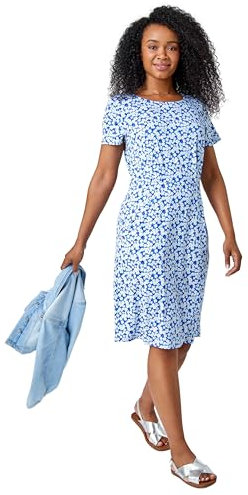 Roman Originals Shift Dress with Pockets for Women UK - Ladies Summer Autumn Winter Smart Casual Work Short 3/4 Sleeve Tunic Knee Length Pleated Gathered Waist Tea Loose - Petite Blue White - Size 12