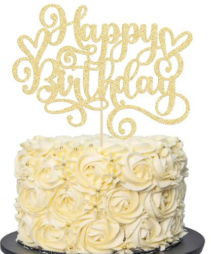 Gyufise 1Pcs Happy Birthday Cake Topper Glitter Cake Pick Bunting Decor for Anniversary Celebrating Party Cake Decorations Supplies Gold