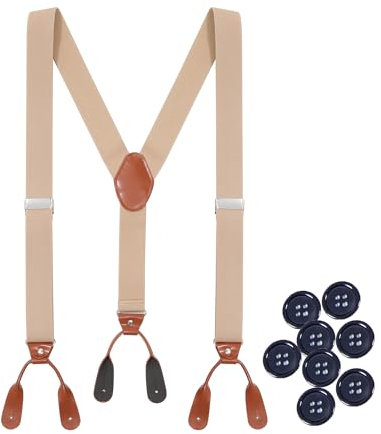 Kajeer Herren Hosenträger zum Knöpfen- Einstellbare Men Suspenders 3.5 cm/1.38 inch Breit Hosenträger Y Form Braun Kunstleder Herren Hosenträger für Hochzeit Business
