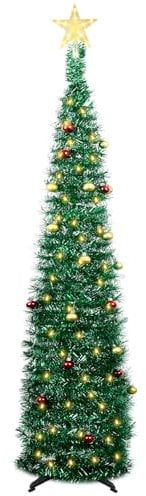 WingFly 5 Ft Lighted Slim Christmas Tree with Ball Ornament LED Lights, Artificial Christmas Tree with Star Topper, Glitter Tinsel Pencil Christmas Tree Decoration Indoor Outdoor (Green)