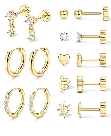 Adramata 8 Paires Boucles d'Oreilles Femme Acier Inoxydable Boucle d'Oreille Femme Or 18 Carats Piercing Oreille Tragus, Boucles d Oreilles Créoles Cartilage Helix Piercing Oreille Homme,Or/Argent