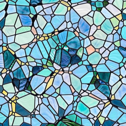 Besttoolifes Stained Glass Window Film Privacy, Single Sided Static Cling Blackout Window Cover, Blue Cobblestones, Weatherproof Glass Stickers