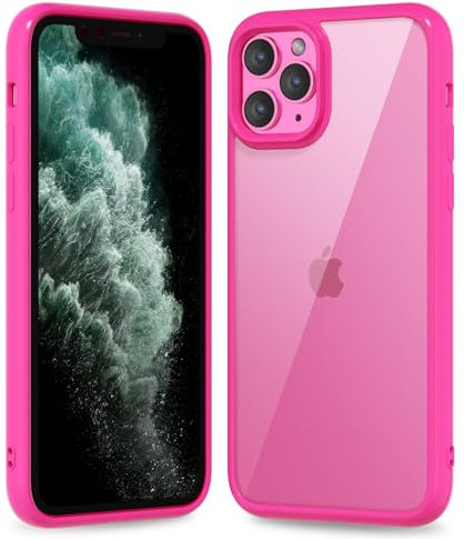 oakxco Thin Slim Clear case for iPhone 11 Pro Max, Transparent Hybrid Hard Shell Plastic & Soft Silicone Rubber Bumper, Non-Yellow Acrylic Protective Lightweight Cover for Women, Hot Pink