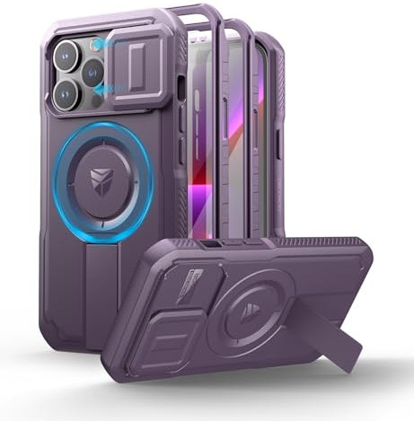 Dexnor for iPhone 13 Pro Magnetic Case With Slide Camera Cover & Adjustable Kickstand & Built-in Screen Protector, Rugged Shockproof Bumper Cases Heavy-duty Cover - Phantom Purple
