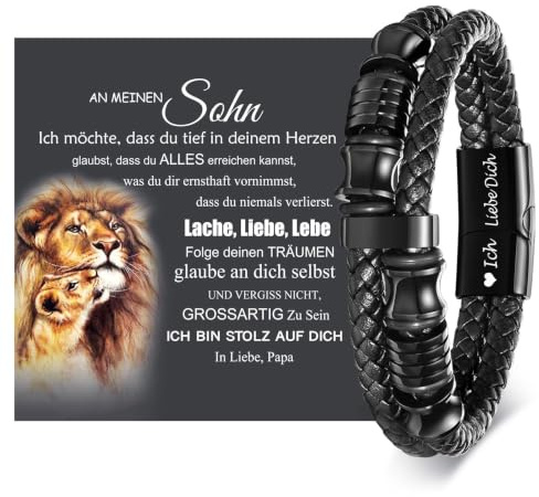 Armband Herren Lederarmband Sohn Geschenk-Schwarz Herrenarmband mit Gravur | Leder Armbänder an Meinen Sohn für 18 Geburtstag Junge Teenager Engraved Mutmacher 16 19 21 Jährige Männer von Mama Papa