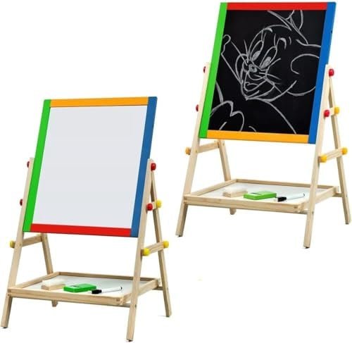 Almineez 2 in 1 Wooden Art Easel Board for Kids, Double Sided Height Adjustable Whiteboard & Blackboard, Drawing Board Easel for Toddlers with 5 Chalks, Marker, and Sponge