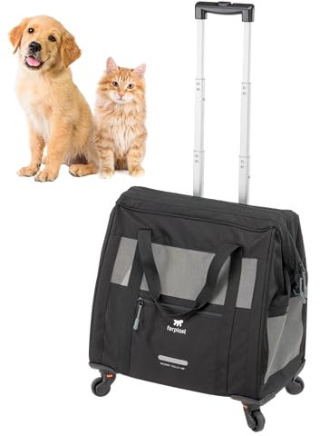 Ferplast Hundebox Voyager Trolley, Transportbox Katze, Hundetasche, ausziehbarer Griff, verstellbare Gurte, breite Öffnung, abnehmbare Räder, max. 15 kg, 46 x 26 x 48H cm, Schwarz