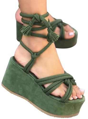 Générique Sandali da donna con zeppa e tacco alto aperto, scarpe estive traspiranti con lacci, alla moda, primavera stivali alti marrone scuro, verde, 43 EU X-Étroit