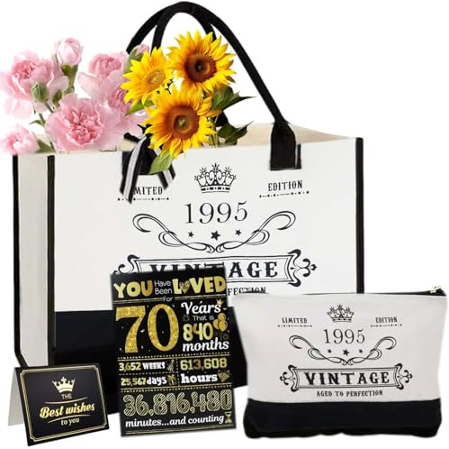 70. Geburtstagsgeschenke für Frauen Leinwand Tote Tasche Reiseausrüstung, 70 Jahre alte Geburtstagsgeschenke für Mutter Frau Freunde, Vintage N°70 Handtasche & Kosmetiktasche & Geburtstagskarte